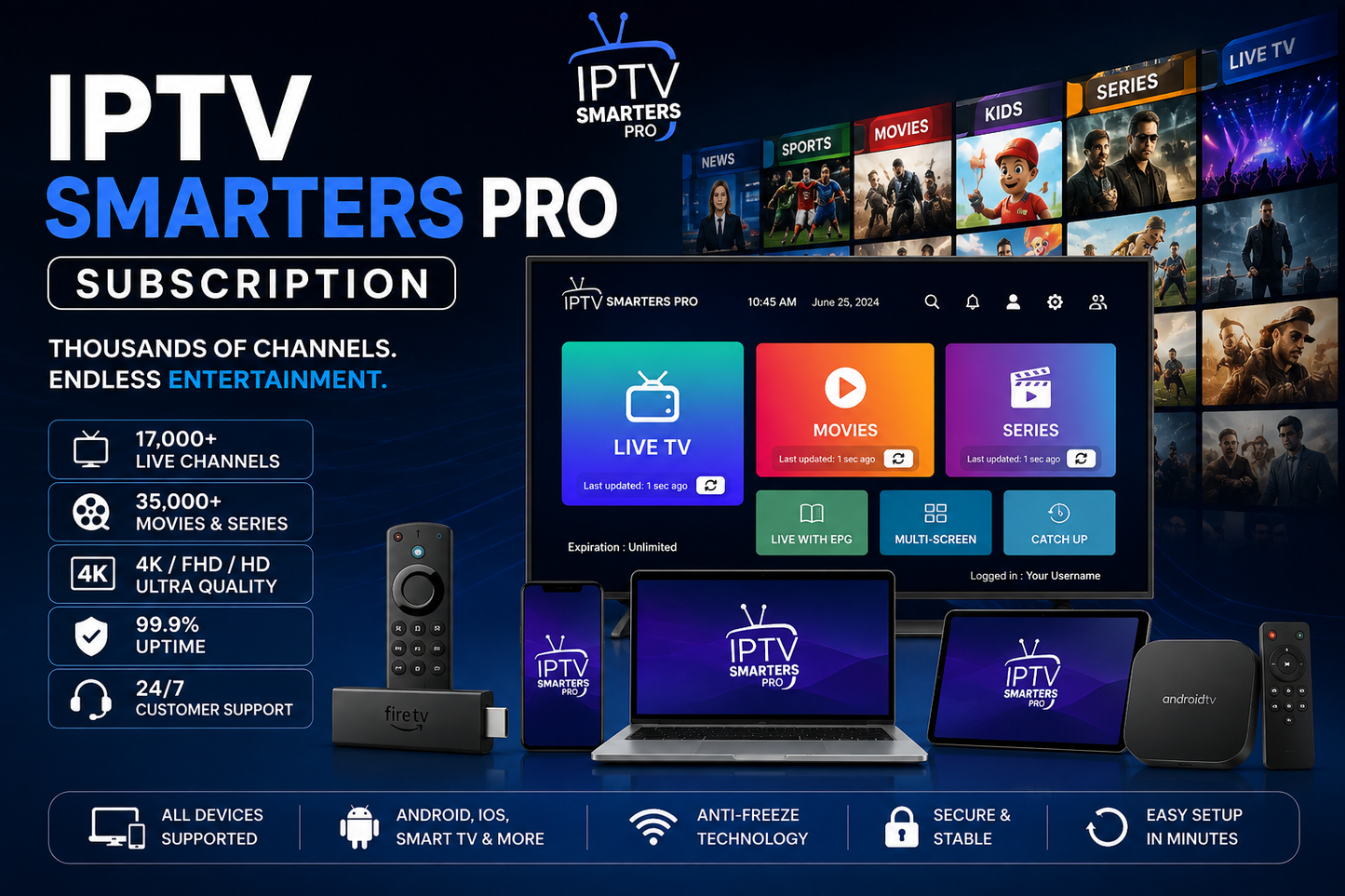 IPTV Smarters Pro subscription with 17K+ channels, movies and series on Smart TV, Firestick, Android TV and multiple devices